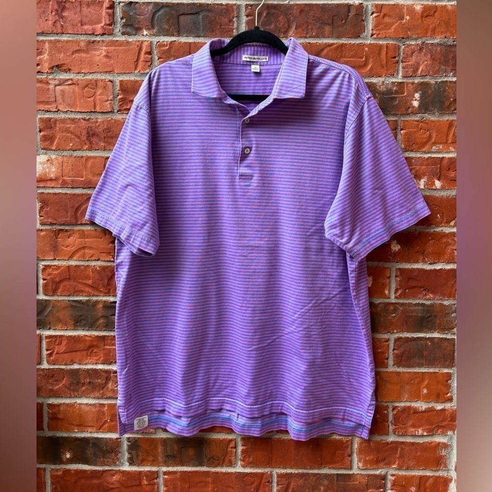 Peter Millar Mens XL Blue Pink Stripe Short Sleeve Polo Shirt